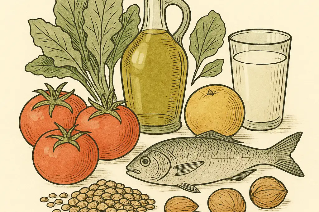 Ilustración botánica de alimentos: tomates maduros, hojas verdes, una botella de aceite de oliva, una naranja, un vaso de leche, un pez, legumbres y frutos secos